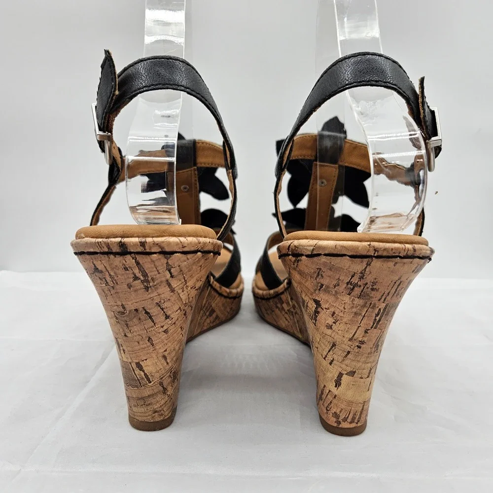 B.O.C. Black Floral T-Strap Cork Wedge Sandals Women Size 8